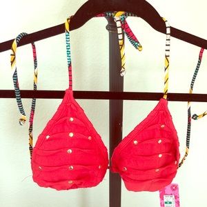 XHILIRATION Red Tribal Print Bikini Top Sz M NWT